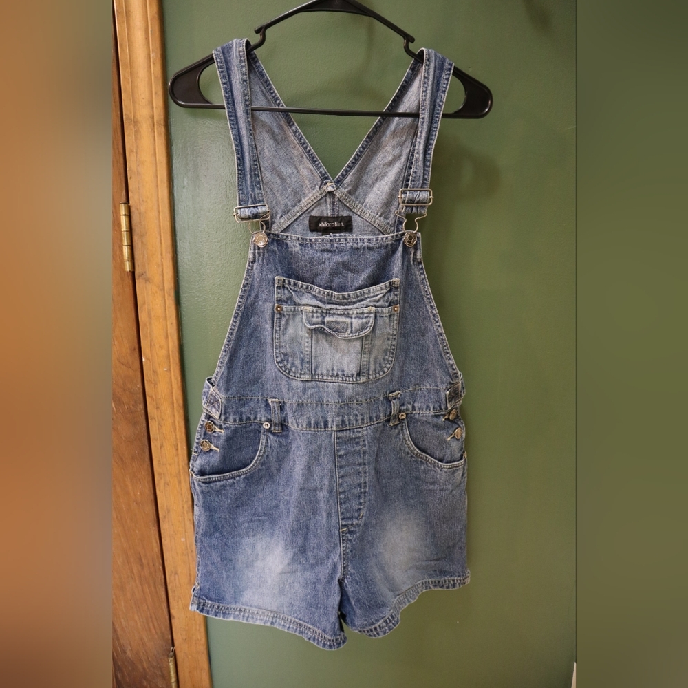 Xhilaration Women's Blue Denim Overall Shorts Vintage Y2K